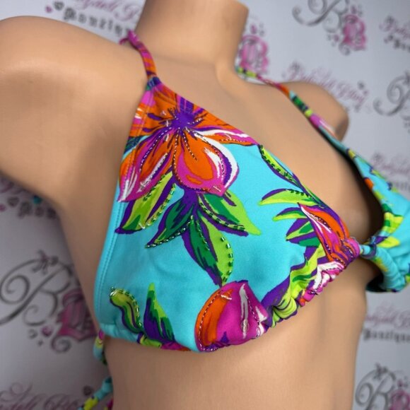 xhilaration bikini top beaded tropical neon flowers beach swimming tie up bright - Picture 2 of 9